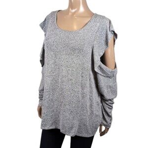 REITMANS Ruffled Cold Shoulder Top Long Sleeve Marled Knit Stretch Scoop Neck